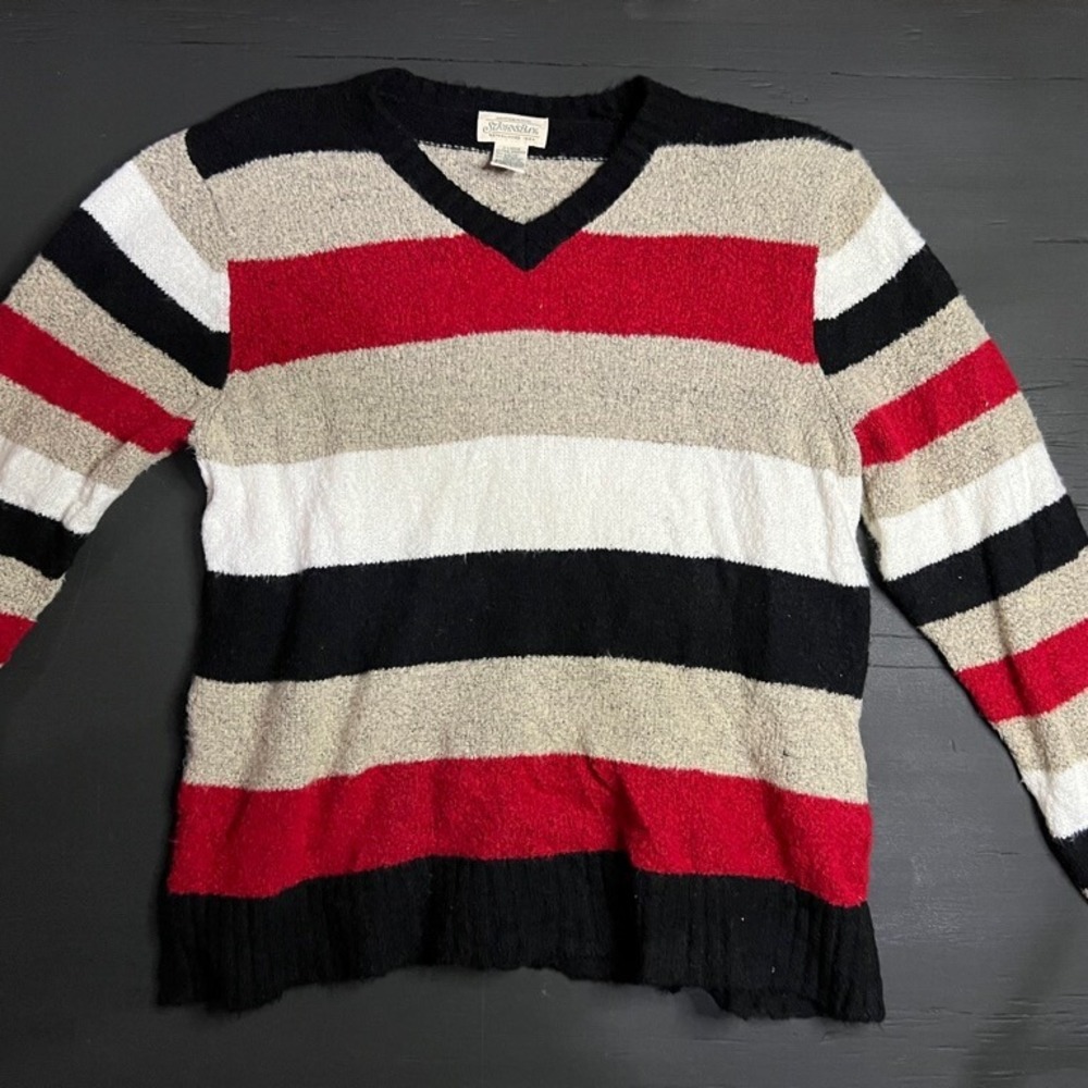 Vintage St. John's Bay Women XL Black White Tan Red Strip Winter‎ Sweater